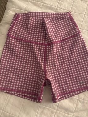 ALO Yoga Pink Gingham High-Rise Bike Shorts